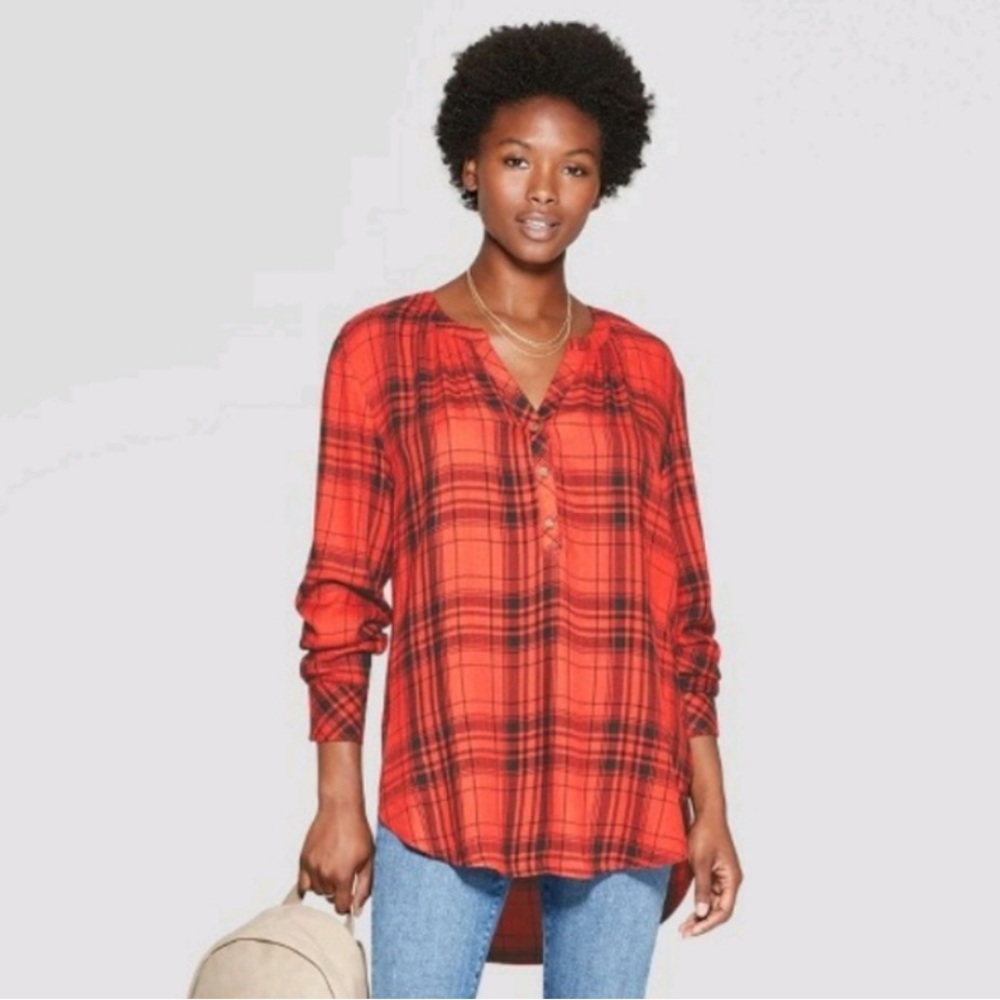 Universal Thread Orange & Black Plaid Lightweight Oversize Tunic Blouse Size S